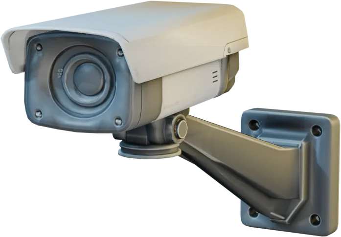 A wall-mounted security camera in cream housing under a sunshade, on a grey bracket.