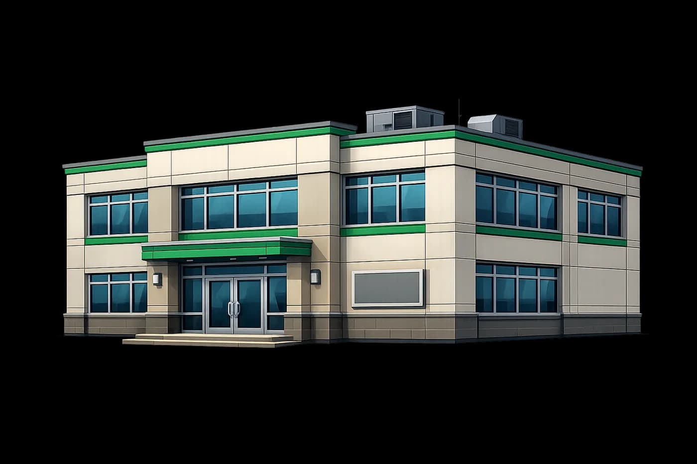 The office building the compound is built around, drawn from its front corner: two storeys of glass and cream cladding under a green band, with the plant on the roof deck above them.