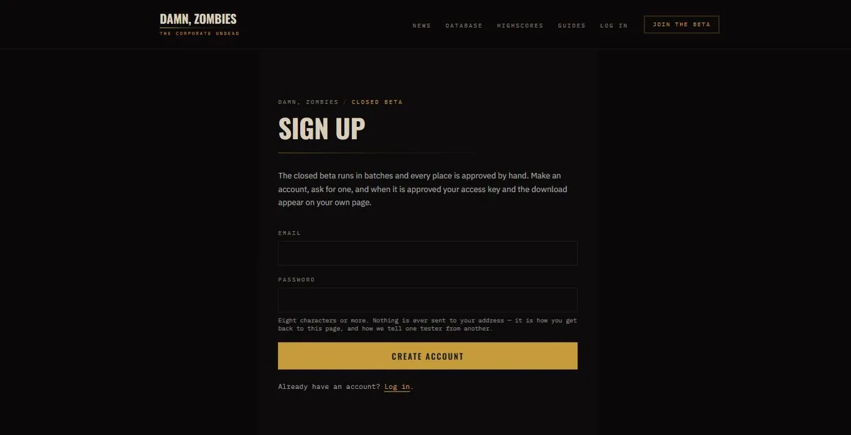 The Damn, Zombies signup page: an email field, a password field and a Create account button, on the dark compound-coloured site.