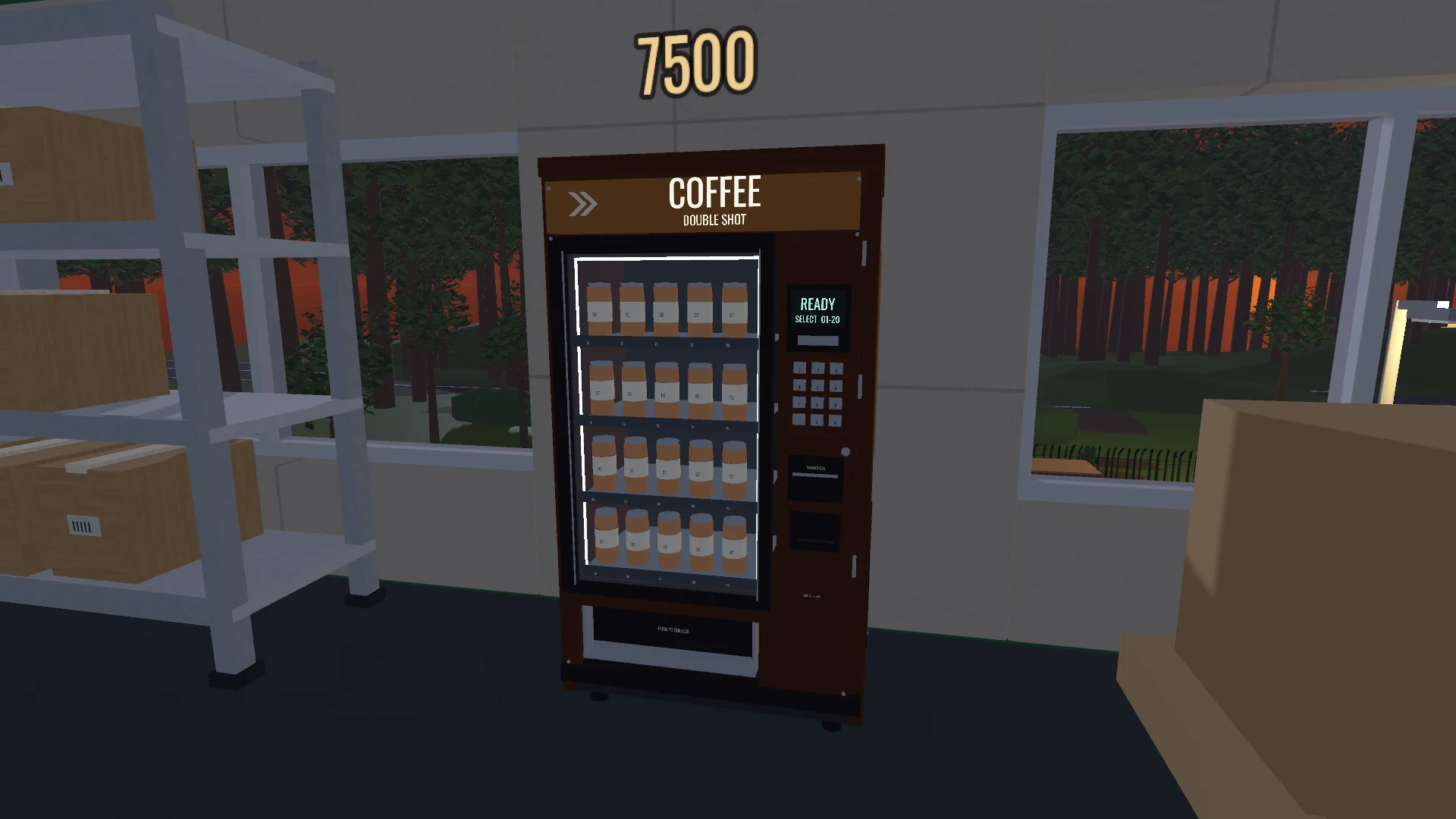 Updated coffee perk machine with stocked shelves, readable lettering and a keypad in the office
