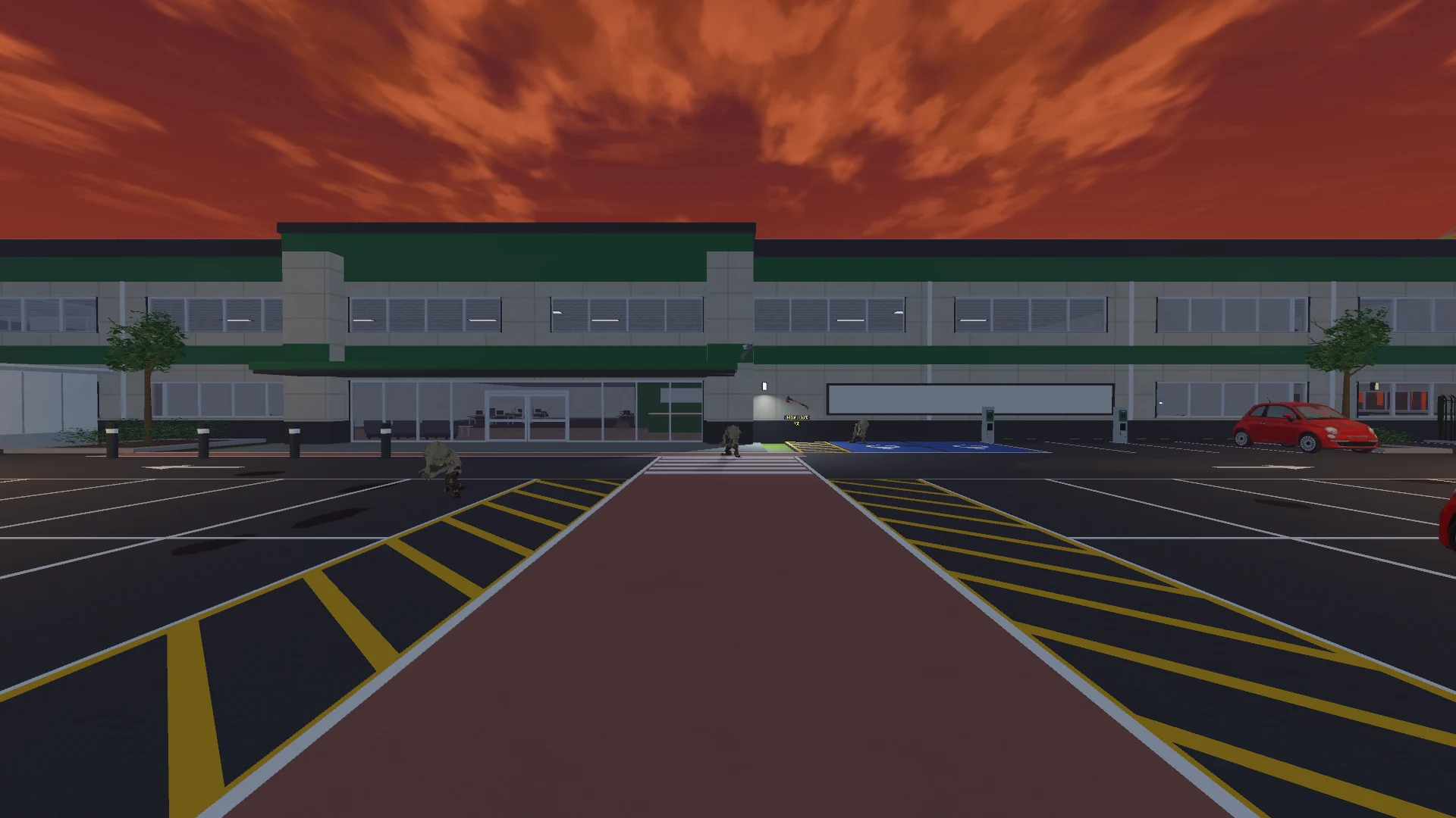 The updated office building beneath the sunset, with zombies in the car park.