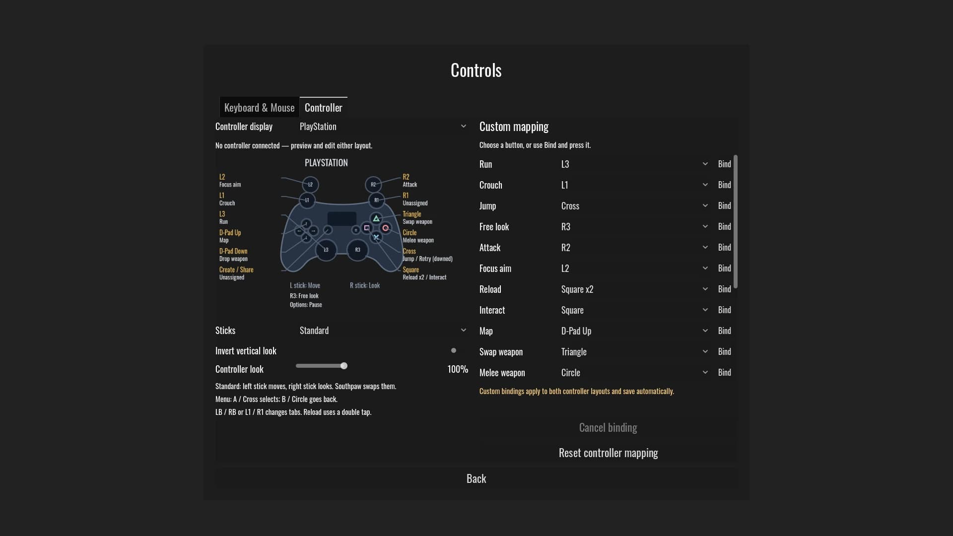 Controller settings with a PlayStation diagram, custom button assignments and stick options.