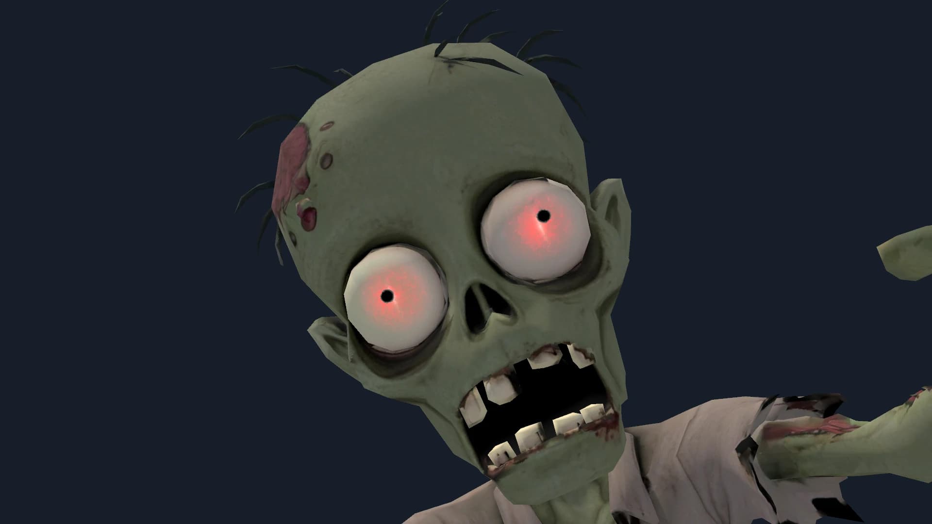 A close-up of a corporate zombie with glowing red eyes.