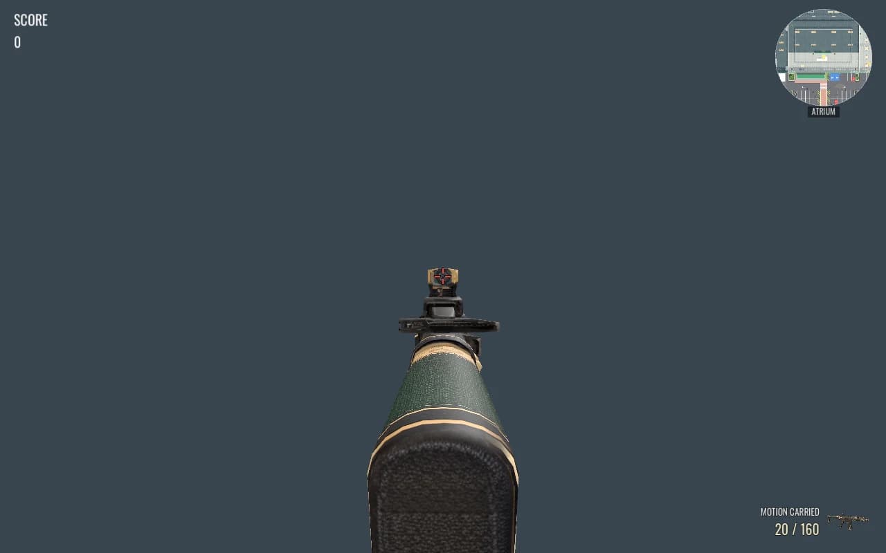 First-person view down Motion Carried's aligned iron sights, with a centre marker used for alignment review.