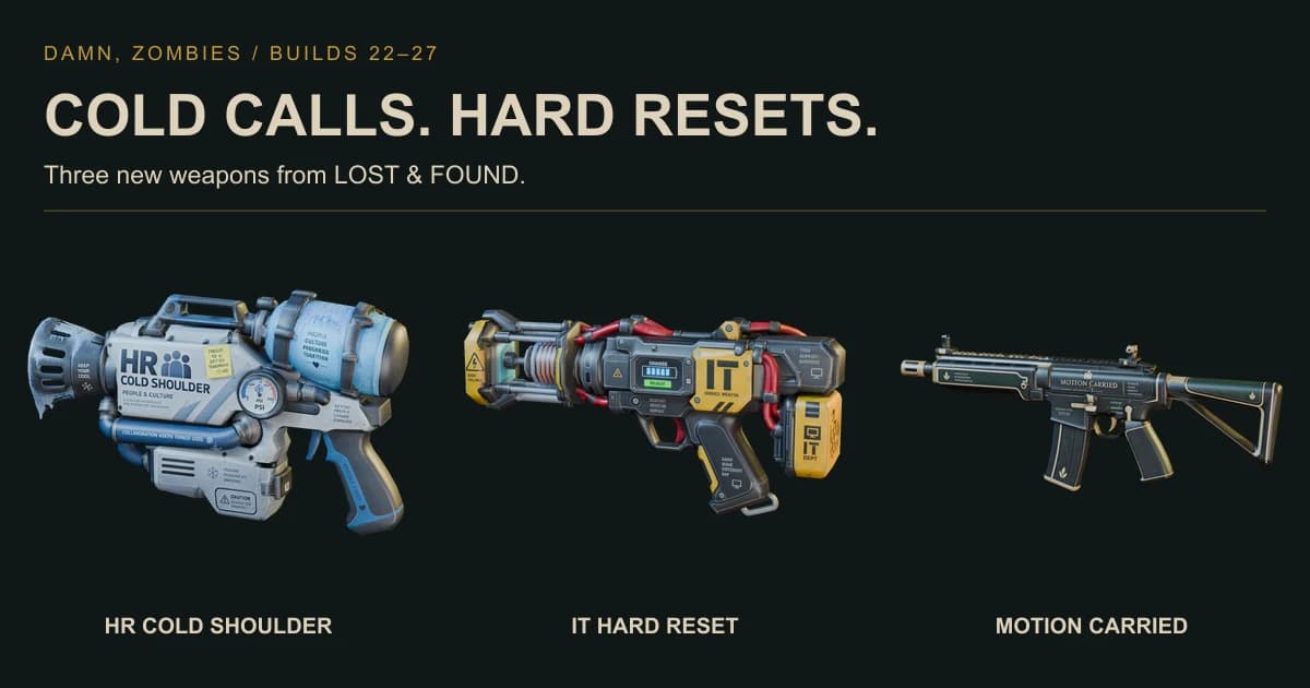 Studio renders of HR Cold Shoulder, IT Hard Reset and the Boardroom Carbine, Motion Carried.