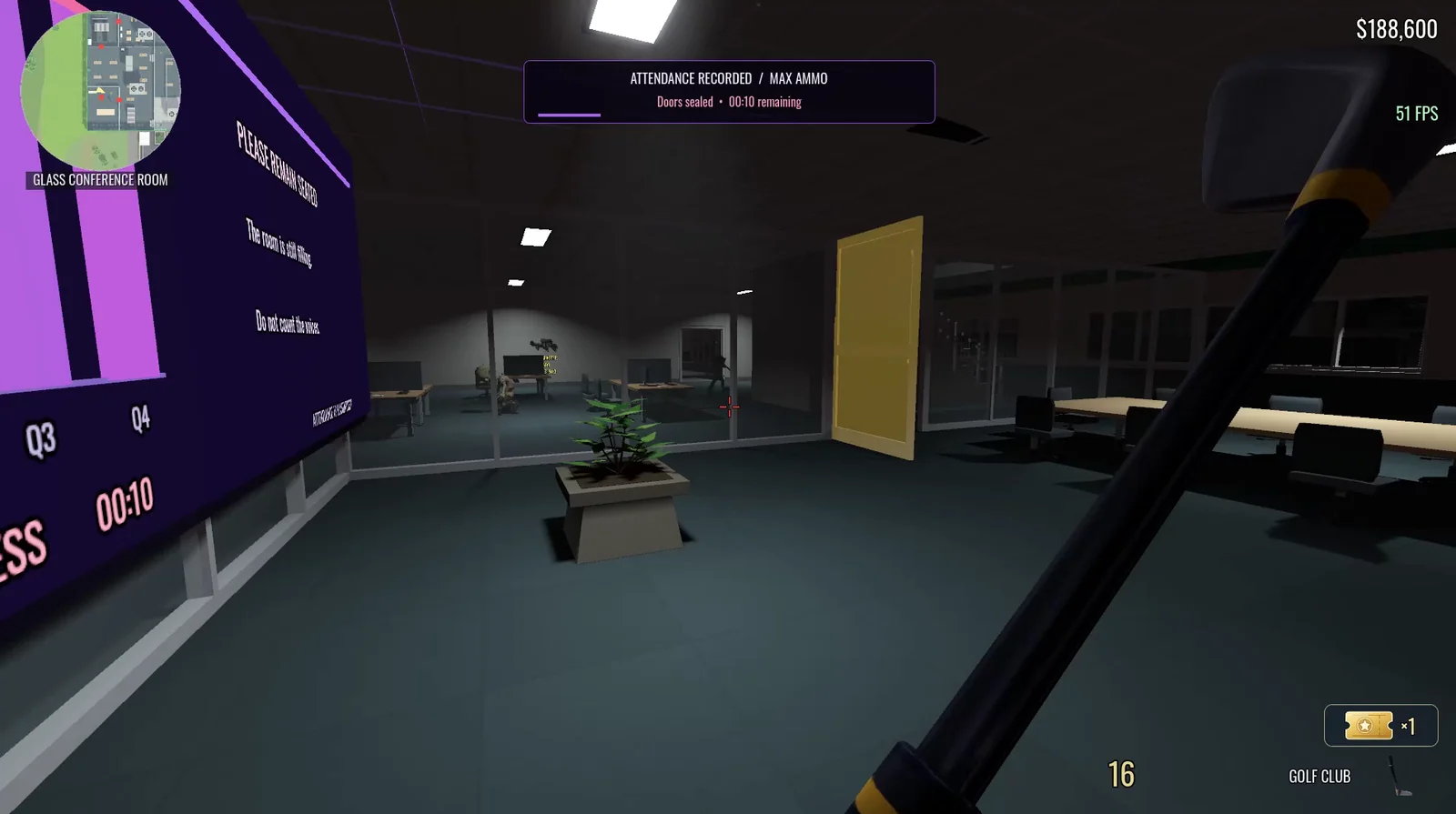 Gameplay capture inside the glass conference room: a purple corporate presentation, glowing yellow door and meeting countdown.