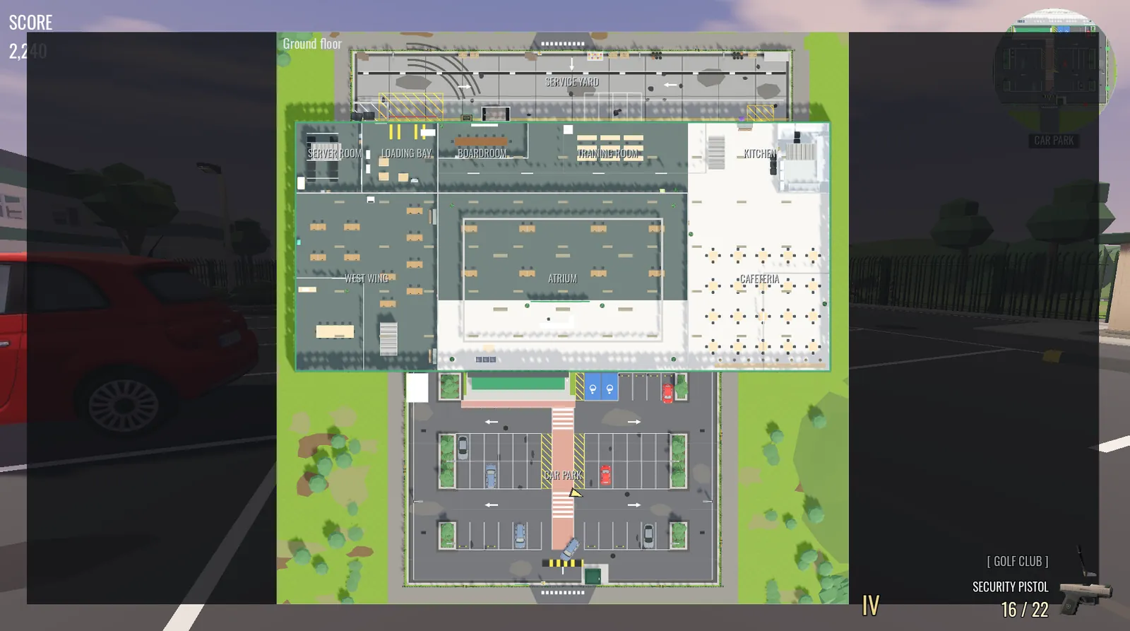The full-screen floor plan, headed Ground floor, laid over the paused compound. The office is drawn room by room with each one lettered: Server Room, Loading Bay, Boardroom, Training Room and Kitchen across the back, and West Wing, Atrium and Cafeteria below them. The Service Yard runs along the top and the Car Park below the building, with a yellow arrow marking the survivor standing in it.