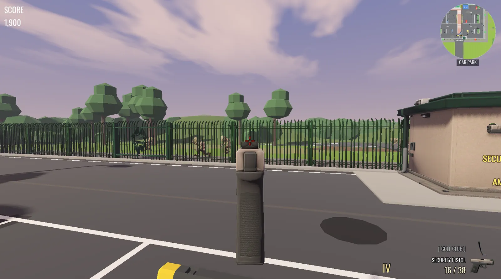 A first-person view across the compound car park with a security pistol raised at the wire, the corporate undead coming through the trees beyond it. In the top-right corner the minimap is a circular window cut out of the ground-floor plan, captioned CAR PARK underneath. The score reads 1,900 in the top-left; the weapon block in the bottom-right shows the Golf Club stowed and the Security Pistol in hand at 16 of 38 rounds.