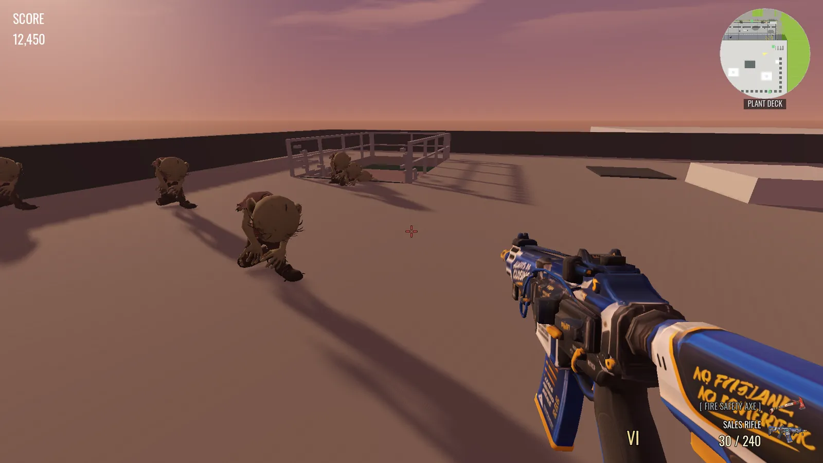 The office roof deck at sunset. In the middle of the deck a railed opening drops into a stairwell, with two of the corporate undead climbing out of it, and three more already on the deck walking at the camera — the nearest one close and lunging. A Sales Rifle is held up on the right of frame, the parapet runs along the far edge under an orange sky, and the minimap in the corner is captioned Plant Deck.