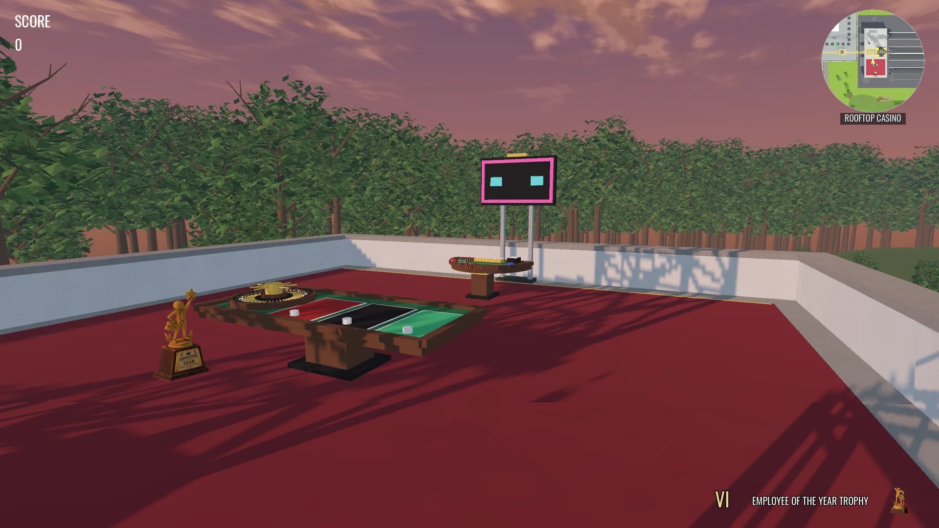Roulette and blackjack tables beneath the rooftop casino neon sign on the depot